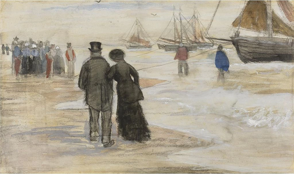   253-Vincent van Gogh-Spiaggia con persone che camminano e barche, 1882